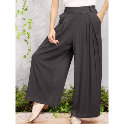 Wide  legged Elastic Waist Solid Color Pants With Side Pockets