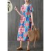 Modern blue prints cotton linen clothes For Women short sleeve wild long summer Dresses