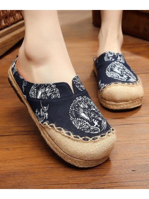 Comfy Navy Print Linen Fabric Slippers Shoes