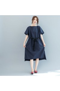 baggy dark blue long cotton dresses plus size o neck tie waist caftans vintage short sleeve dresses