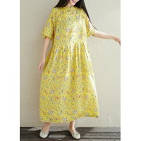 Women yellow prints cotton clothes For Women stand collar A Line summer Dresses