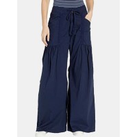 Women Solid Color Elastic Waist Loose Wide Leg Pants With Pocket