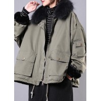 2019 army green casual outfit oversize snow jackets pockets faux fur collar winter coats