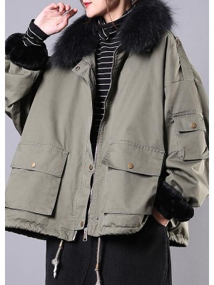 2019 army green casual outfit oversize snow jackets pockets faux fur collar winter coats