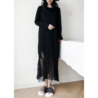 Italian black cotton dress hollow out Maxi summer patchwork Dress