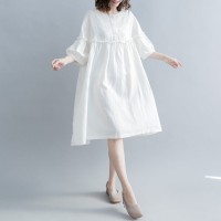 fashion white cotton linen knee dress plus size clothing cotton linen clothing dresses New lantern sleeve Cinched o neck baggy dresses