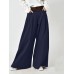 Women Solid Color Elastic Waist Pleats Wide Leg Pants With Pocket