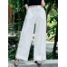 Women Solid Color Lace  Up Vintage Embroidery Wide Leg Pants With Pocket