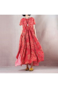 stylish red linen maxi dress casual O neck print traveling clothing women short sleeve baggy dresses linen caftans