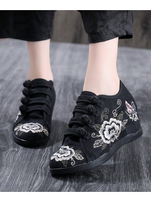 Black Cotton Fabric High Wedge Heels Shoes Embroideried Buckle Strap Flat Shoes For Women
