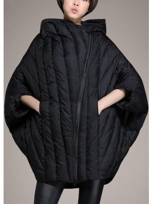 Simple Black Cloak Sleeves zippered Warm Winter Duck Down Coat