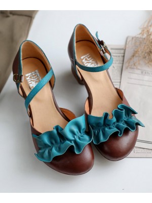 Fashion Buckle Strap Chunky High Heels Grey Ruffles Cowhide Leather Chunky Heel