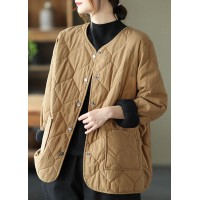 Hot Khaki O-Neck Pockets Button Winter Coats Parkas