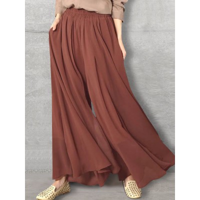 Women Solid Color Elastic Waist Loose Casual Wide Leg Pants With Pockets