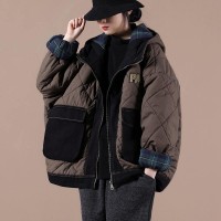 Casual oversize warm winter coat chocolate hooded patchwork plaid Parkas for women