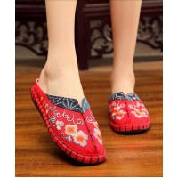 Vintage Red Slide Sandals Embroideried Cotton Fabric Splicing Slides