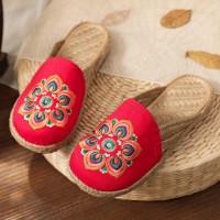 Red Embroideried Cotton Linen Fabric Slippers Shoes