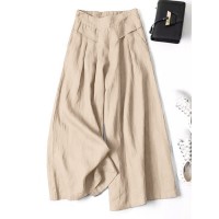 Women 100  Cotton Wide Leg Side Pockets Solid Color Ankle Length Elastic Waist Pants