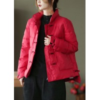 Vintage Red Stand Collar Button Pockets low high design Winter Down Coat