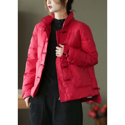 Vintage Red Stand Collar Button Pockets low high design Winter Down Coat